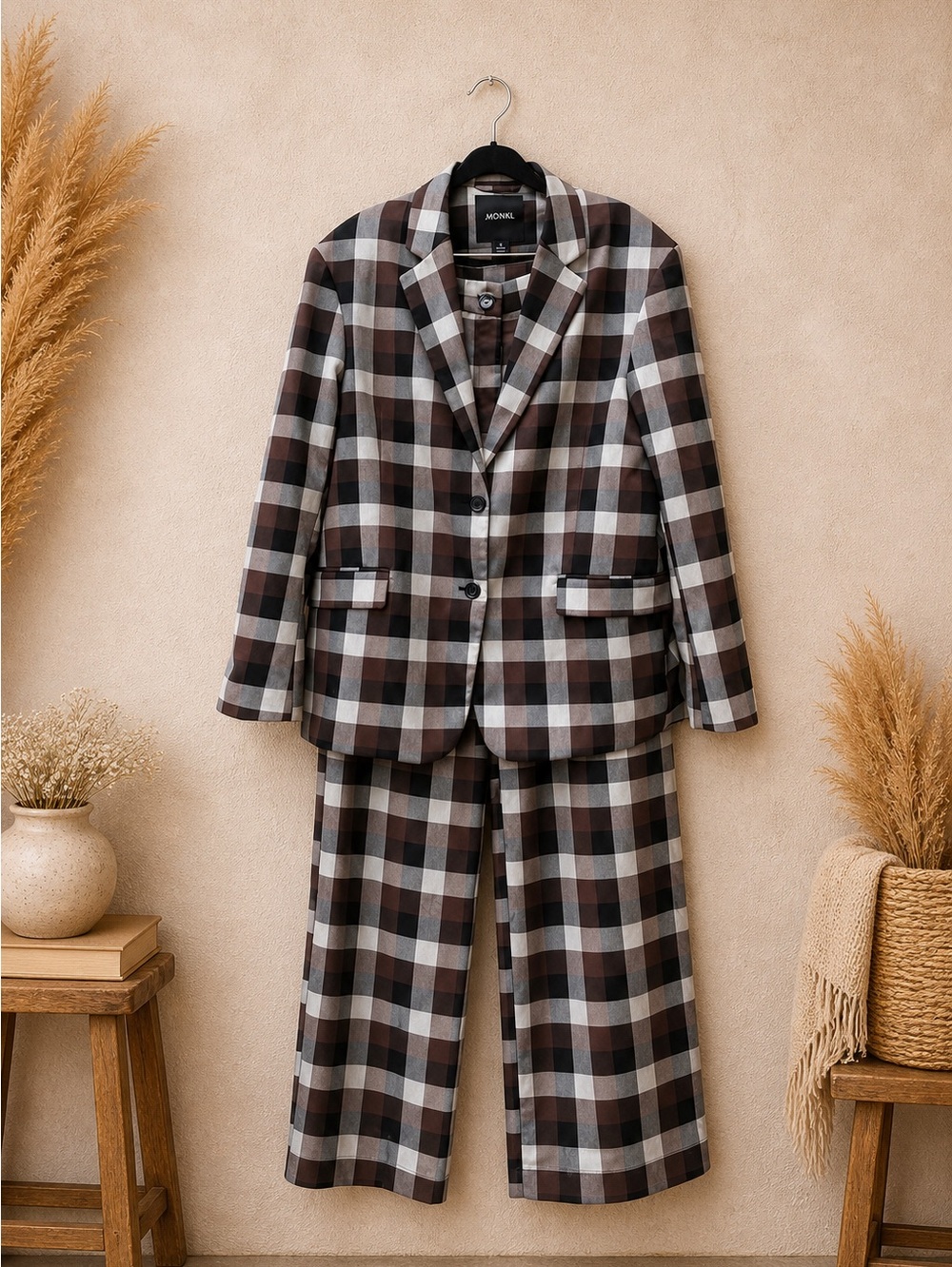NWT Monki Plaid Matching Suit Set Blazer & Wide Leg Pants Size M